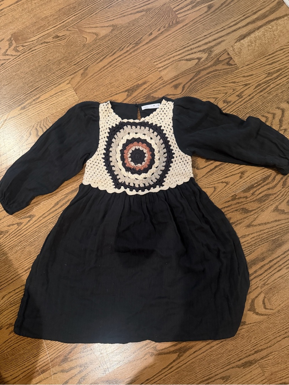 Zara Black Dress with Cream Crochet Bodice and Brown Accent